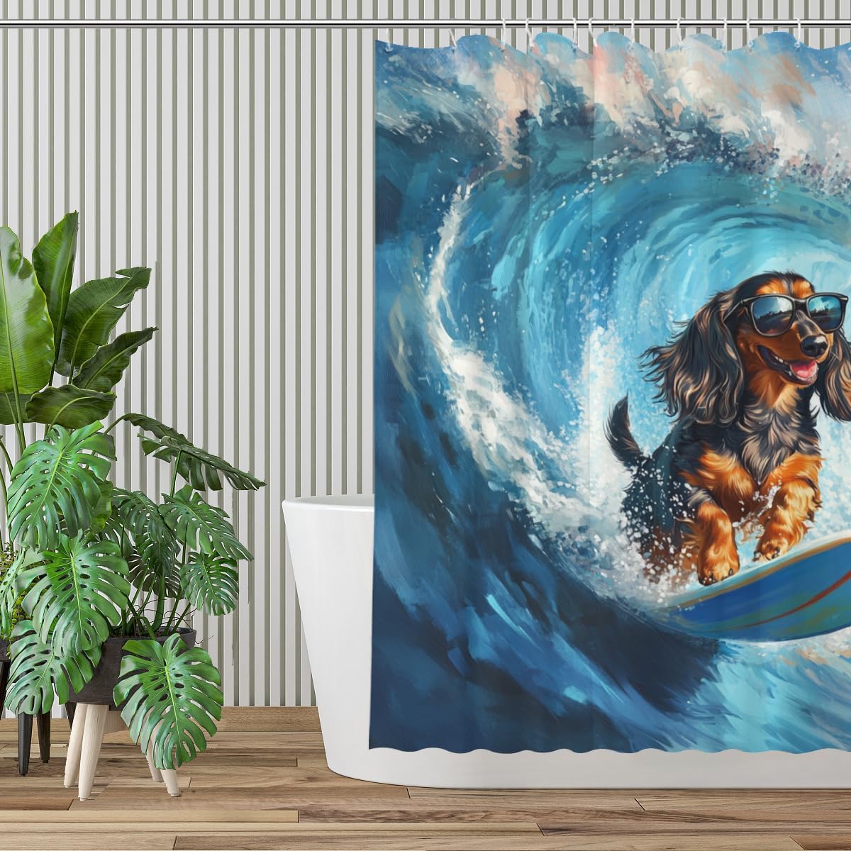 Surfing Dachshund Shower Curtain, 72x72 Inch, Waterproof Polyester Fabric with 12 Hooks, Fun Beach-Themed Bathroom Decor Summer Shower Curtain