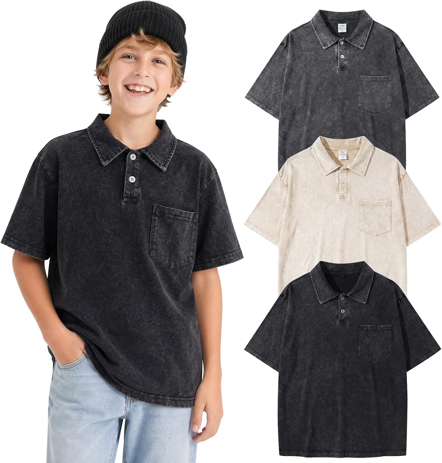 Arssm Boys Polo Shirts Kids Oversized T Shirts Cotton Acid Washed Tshirts Vintage Summer Basic Tees