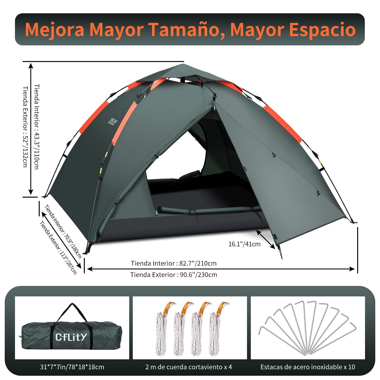 Cflity Tienda de Campaña, 3 Personas Tienda Instantánea Automática, Tienda Impermeable de Tres Capa, Carpa Grande y Ligera para 4 Estaciones, Carpa de Mochilero con 2 Porches Extensibles para Camping