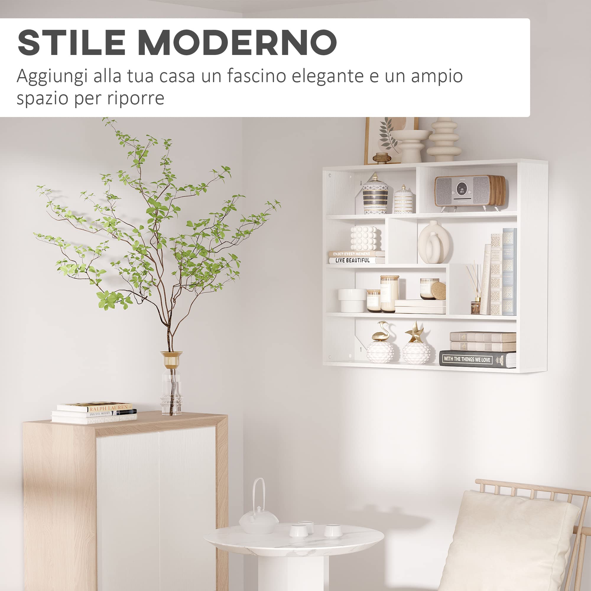 HOMCOM Libreria a Muro Moderna a 4 Livelli, Scaffale in Legno Salvaspazio,Mensola da Muro per Salotto e Ufficio, 94x19.5x80cm, Bianco