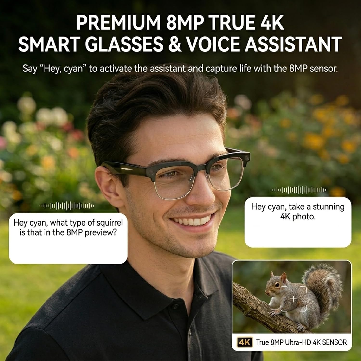 AI Smart Glasses with 4K EIS Camera | Real-Time Translation & Object Recognition, Open-Ear Bluetooth Audio, Video Recording Sunglasses, Clear & Extra Sun Lenses