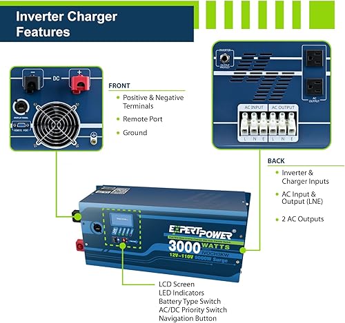 Miniatura 2 de ExpertPower Cargador inversor de onda sinusoidal pura de 3000 W  Pico de 9000 W  DC 12 V - CA 110 V  Compatible con batería de litio LifePO4
