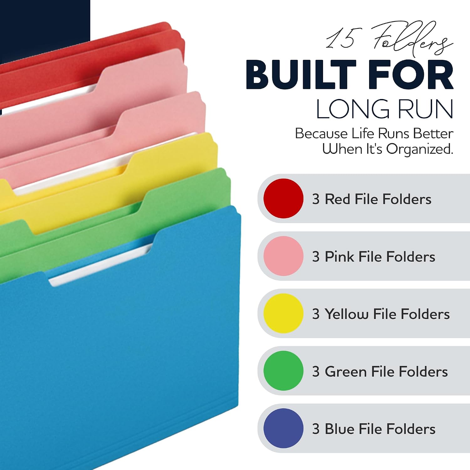 Colored File Folders 15-Pack – 5 Assorted Colors – Letter Size, 1/3-Cut Tabs – Paper Folders - Bright Set: Red, Green, Yellow, Pink, Blue (Bright Set) image 3