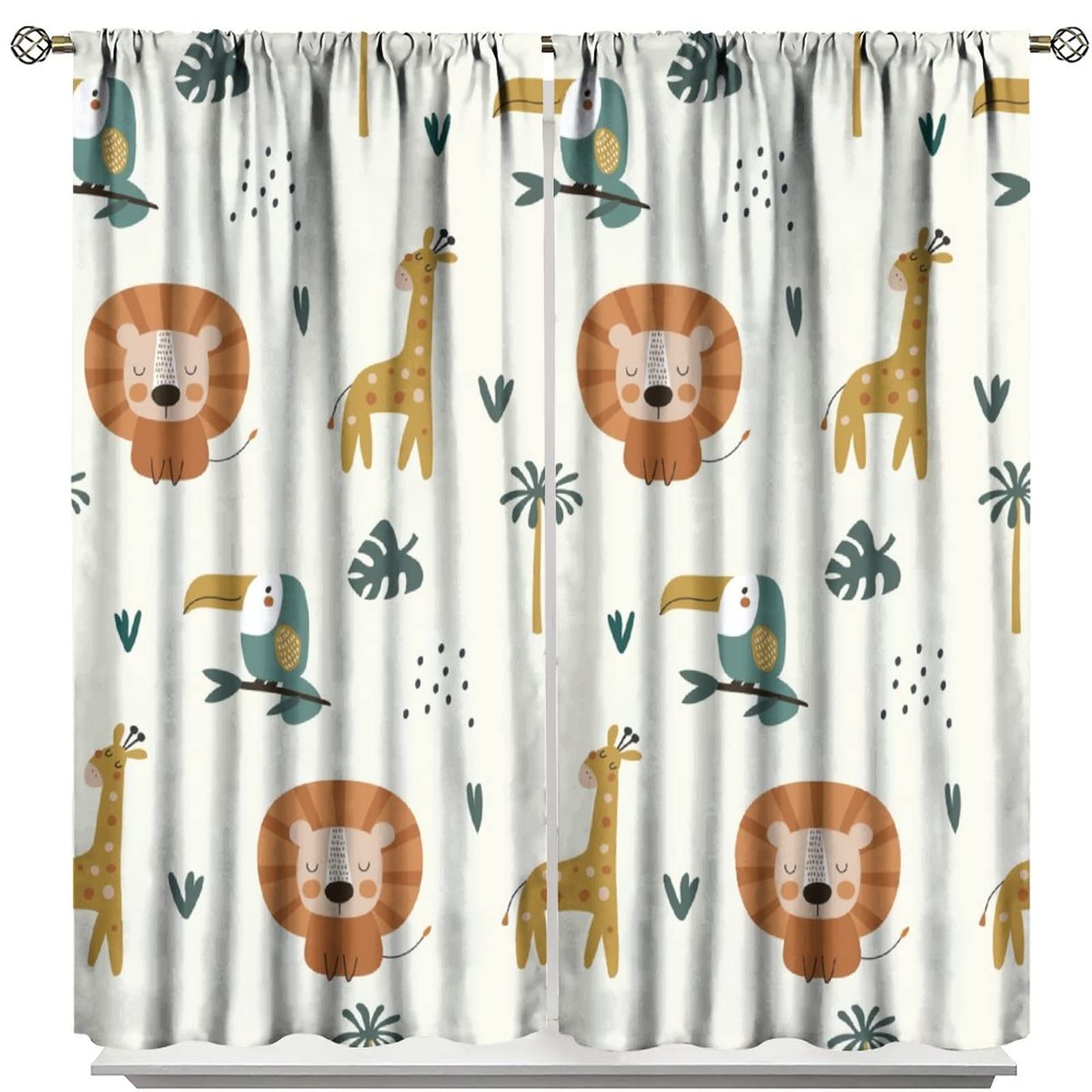 Cute Lion Window Curtains for Kids Bedroom,Cartoon Woodland Jungle Forest Wildlife Little Lion Giraffe Owl Palm Tree Printed Pattern Blackout Drapes for Living Room Baby Nursery Room 42x45 Inch