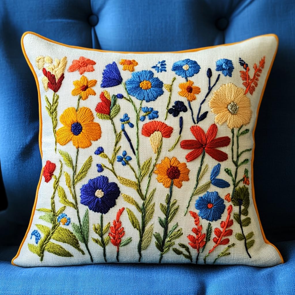DIY Punch Needle Pillow Kit Wild Flowers with Pattern and Hoop Handmade Embroidery Punch Needle Starter Pillowcase Set for Home Sofa Decor 43x43cm-1-4