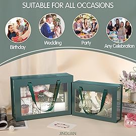JINGUAN Large Green Clear Gift Box, 13.5x9x4.1 Inches Gift Box with Window by Handle, Bridesmaid Proposal Box, Collapsible Gift Boxes with Magnetic Closure (Glossy Green, 1 Pack)