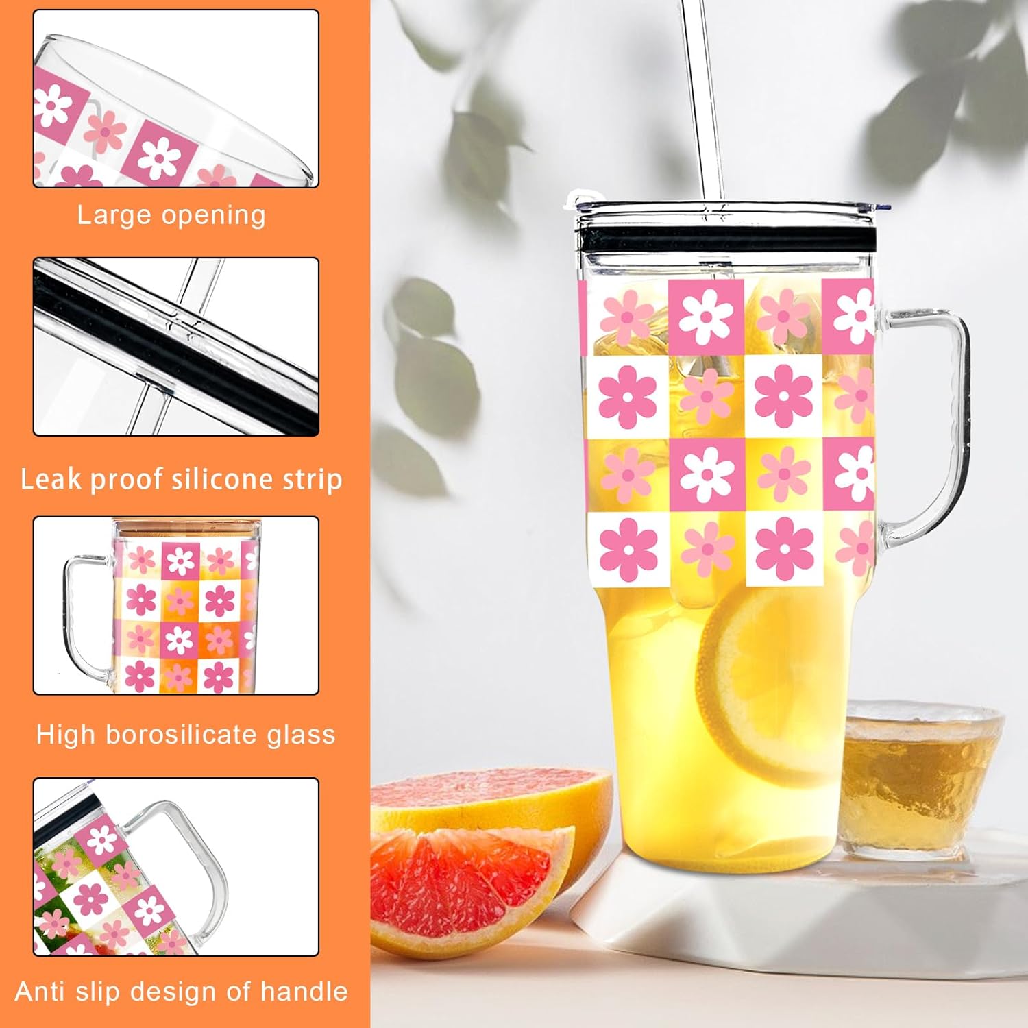Cute Flower Glass Tumbler with 2 Lids and 2 Straws, 40oz Glass Cup with Handle for Girls, Valentines Gifts Car Accessories for Women - Image 5