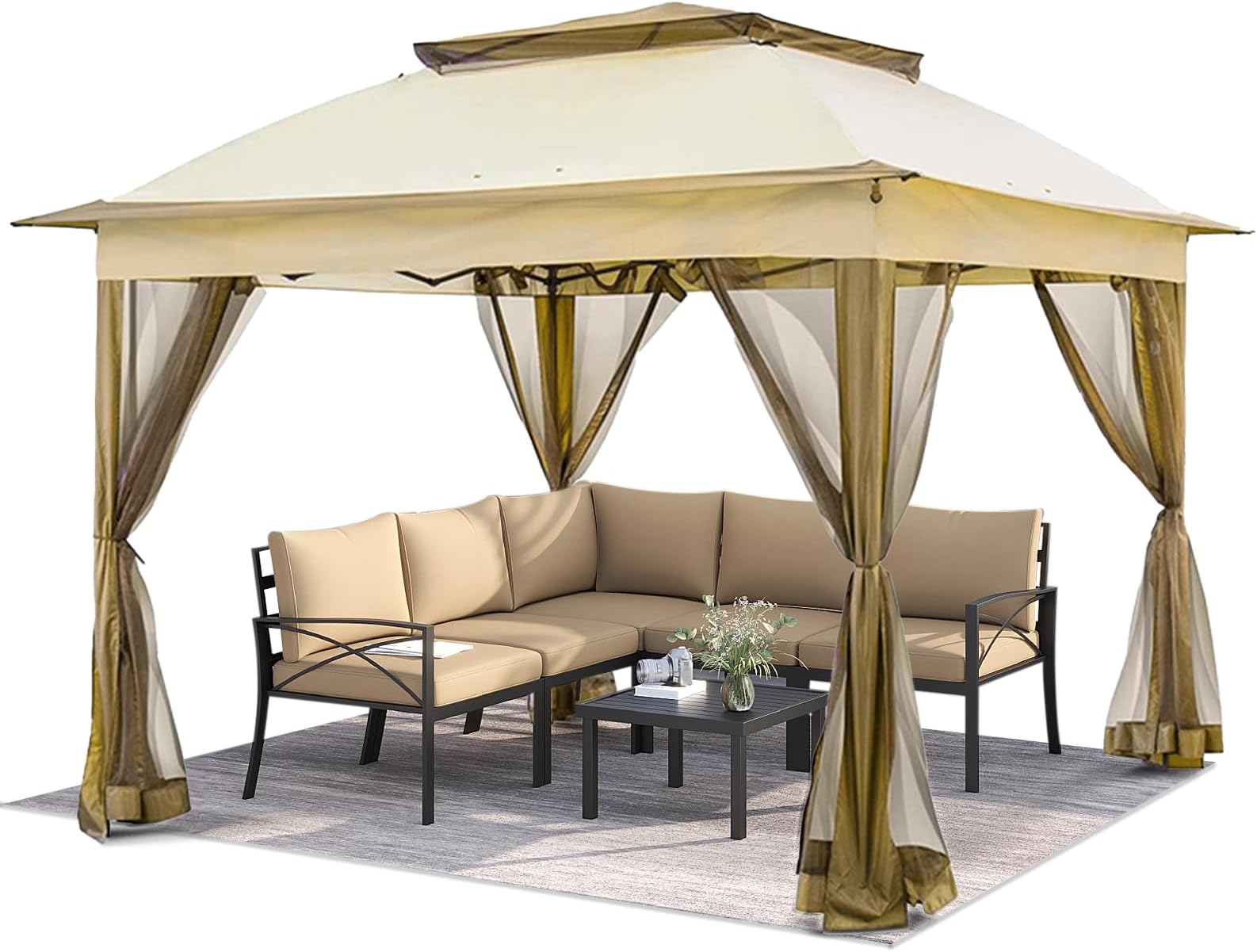 Bricohepmismo 10โ x 10โ Pop Up Gazebo Canopy Tent, Outdoor Gazebo Canopy Shelter with Netting, Metal Frame Patio Gazebo Tent with Double Roof for Garden, Lawn, Backyard, Party, Khaki