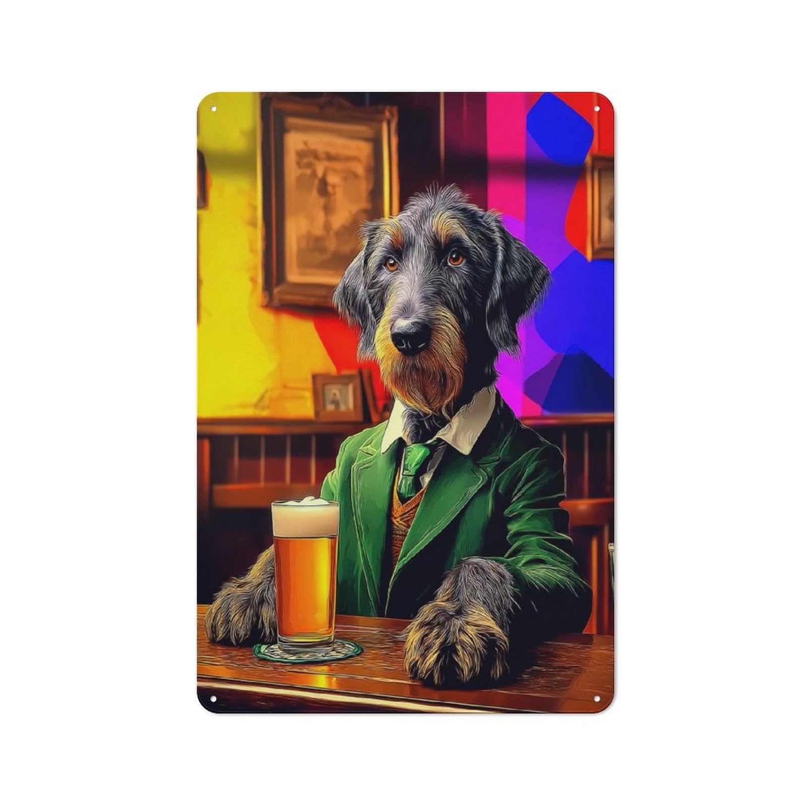 Junmoney Dog In Suit Enjoying Beer At Bar -7 Metal Wall Sign 30X20cm Featuring For Garage Or Workshop, For Vintage Wall Decor Fans, For Metal Sign Collectors