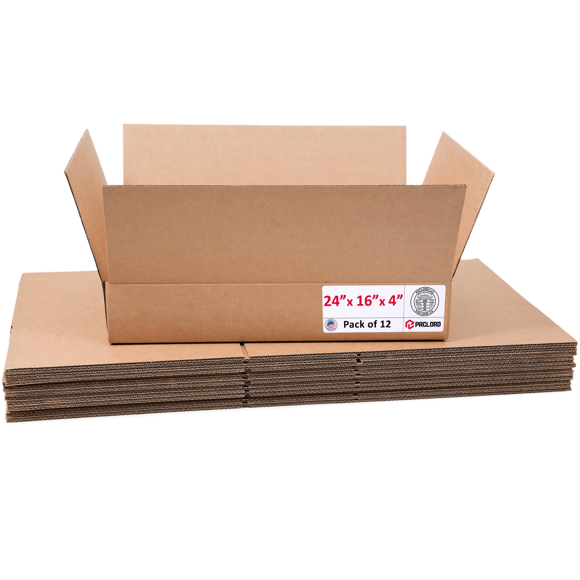 Flat Cardboard Boxes 24"L x 16"W x 4"H (Pack of 12) - USA-Made Packing Boxes for Moving, Shipping, or Storage - USPS, UPS, FedEx Approved - Professional Packing Supplies for Moving | USA-Made Packing Boxes for Moving, Shipping, or Storage - USPS, UPS, FedEx Approved - Professional Packing Supplies
