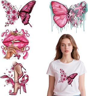 Breast Cancer Awareness Iron on Transfers Pink Ribbon Heat Transfer Vinyl Decals Butterfly Lips Flower Designs Vinyl Stickers Decals for Women T-Shirts Clothes Bag Applique DIY Craft 4 Sheets