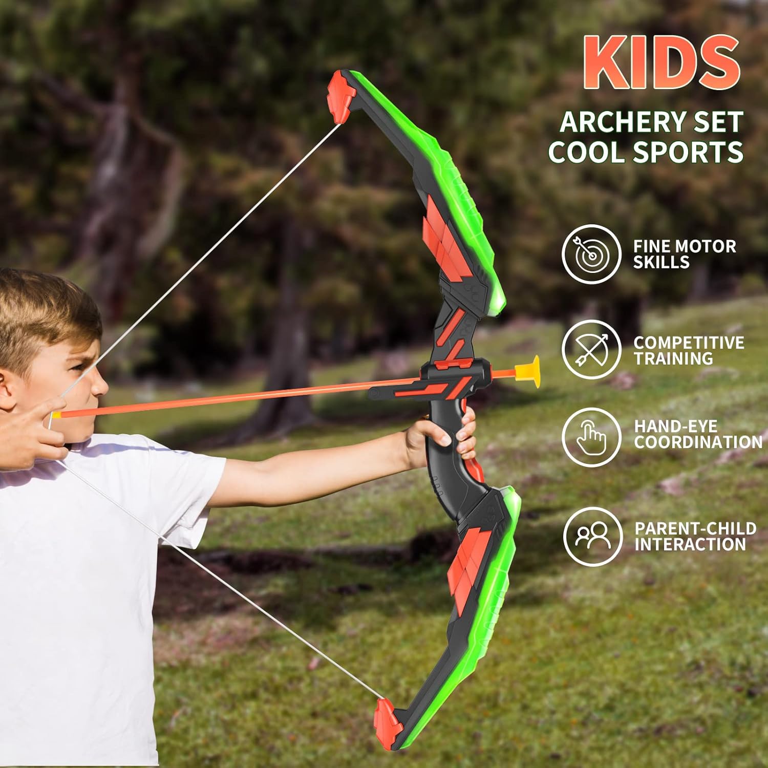 SmartChef Bow and Arrow for Kids with LED Flash Lights - Kids Archery Set Includes 10 Suction Cups Arrows, Target, and Quiver - for 3 4 5 6 7 8 Year Old Boys Girls (Green) : Sports & Outdoors