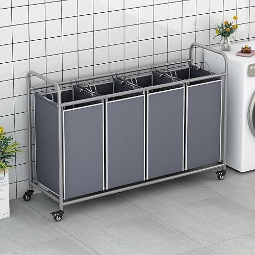 Miniatura 4 de LINZINAR Cesta clasificadora de 4 bolsas para ropa sucia con ruedas resistentes y bolsas extraíbles, color gris
