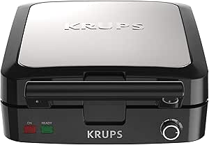 Krups Breakfast Set Stainless Steel Waffle Maker 4 Section 1200 Watts Square, 5 Browning Levels, Removable Plates, Dishwasher Safe, Belgium Waffle Silver and Black