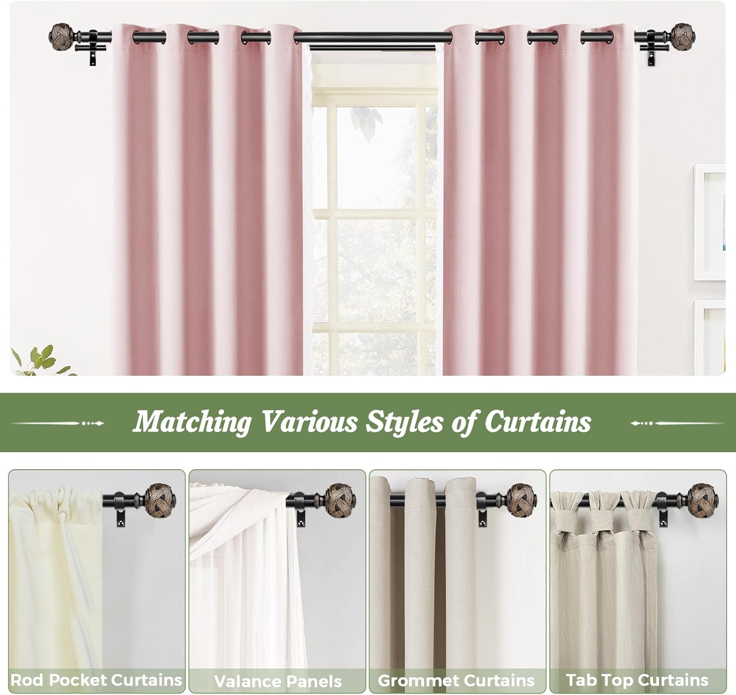 Double Curtain Rods 72 to 144 Inches and 2 Pack Black Curtain Holdbacks with Leaf Finials, Black Drapery Rods for Windows, Decorative Window Drapery Tiebacks(bundles)