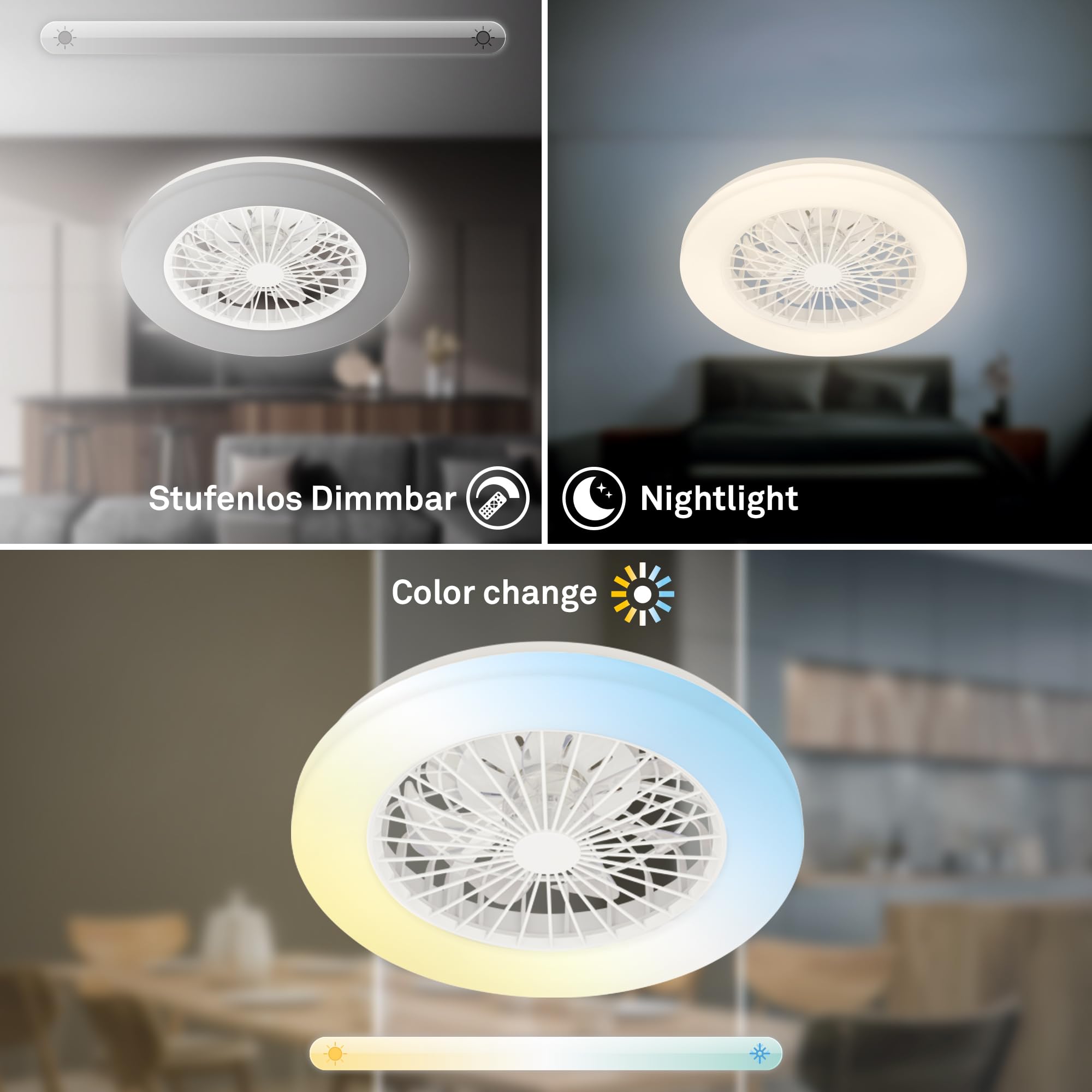 Briloner - Plafoniera con Ventilatore a 5 velocità, telecomando, dimmerabile, lampada per camera da letto, lampada per soggiorno, lampada da soffitto con ventilatore, 48,5x14,5 cm (DxA), bianco