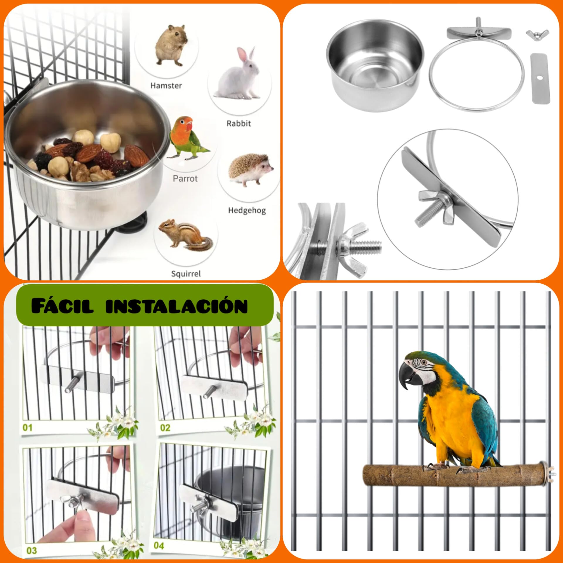 2+2 und comederos de acero inoxidable y perchas para jaula de loro yaco, guacamayo, cuencos 10 y 12cm para pienso y semillas de pájaros agaporni, ninfa, accesorios aviario y voladera de aves. (S)