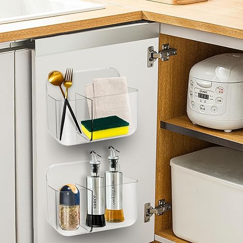 Miniatura 5 de CGBE Organizador de plástico para montaje en pared, paquete de 2, organizador transparente para puerta de gabinete con 2 compartimentos, estante de