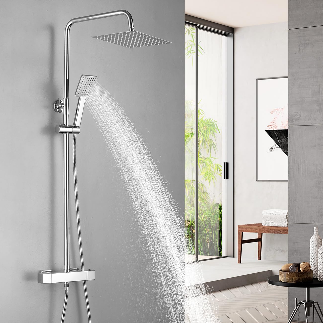 Columna Ducha Termostática 38 ℃, Sistema de Ducha Barra | Altura Ajustable 845-1180 mm, Ducha de Lluvia Cuadrada con Grifo, Acero Inoxidable 304, Fácil Instalación