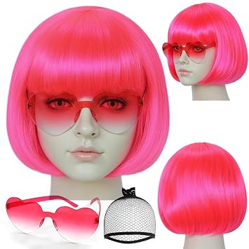 Short Bob Wigs with Bangs Pink Bob Wig Colorful Neon Party Wigs