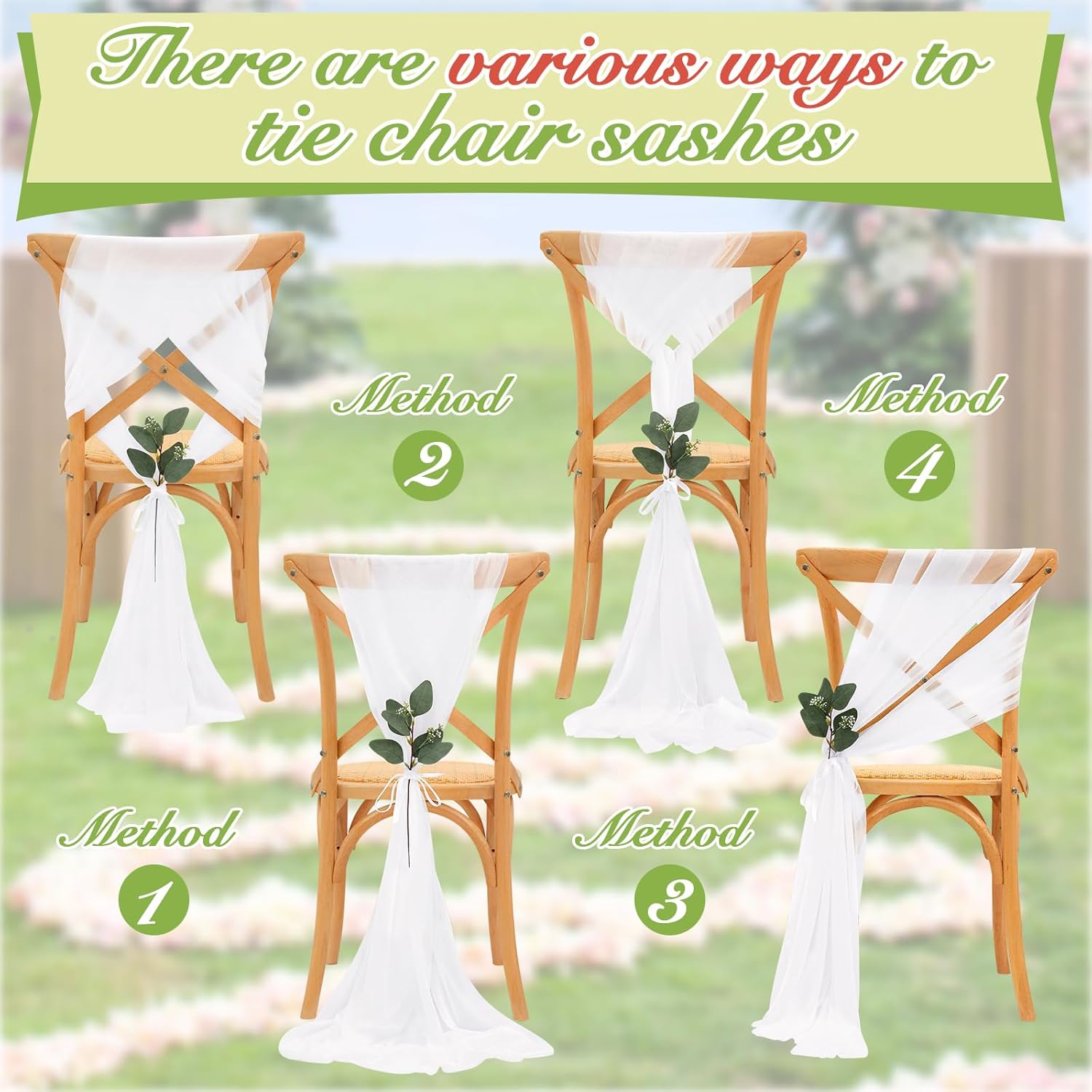 YOUMEHOME Wedding Aisle Decor - 24 Packs White Chair Sash Bows SashesTie Back Sheer Drapes Fabric Chairs Covers for Wedding Aisle Bulk Party Reception