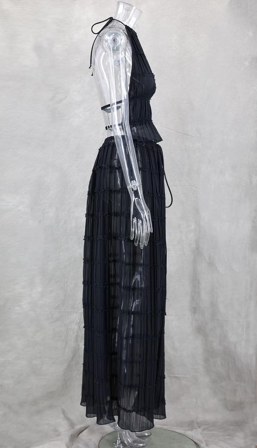 Womens 2 Piece Summer Outfits Chiffon Halter Backless Crop Top and Flowy Tulle Ruffle Maxi Skirt Sets - Image 6