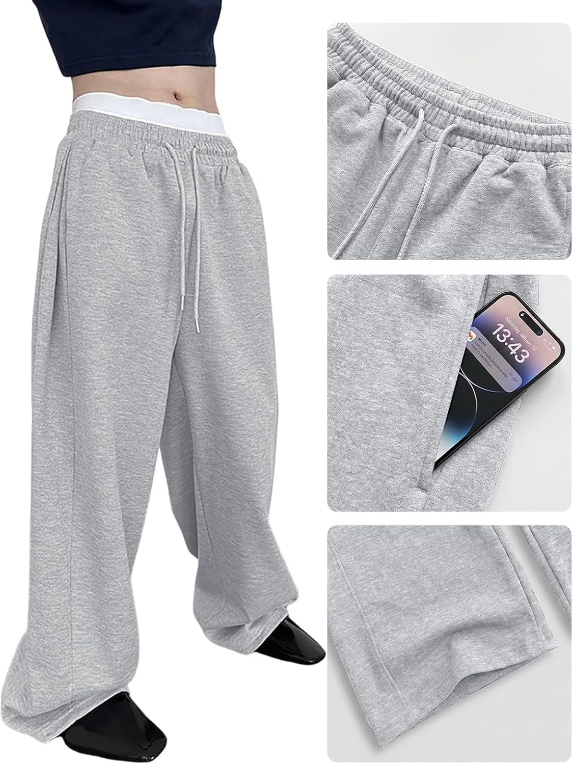 Pillxter Men's Baggy Sweatpants Cotton Fleece Wide Leg Lounge Sweat Pants Drawstring Waist Jogging Pants with Pockets - Image 5