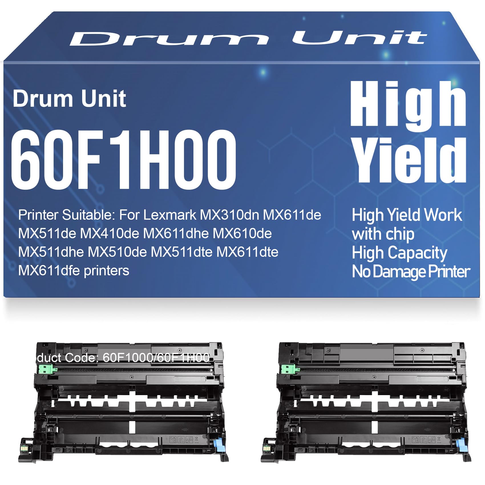 Unità tamburo ad alta resa 60F1H00 Compatibile per Lexmark MX310dn MX611dhe MX511dhe MX511dte MX611dte MX611dfe MX611de MX511de MX410de MX610de MX510de Stampanti,2PC-Black
