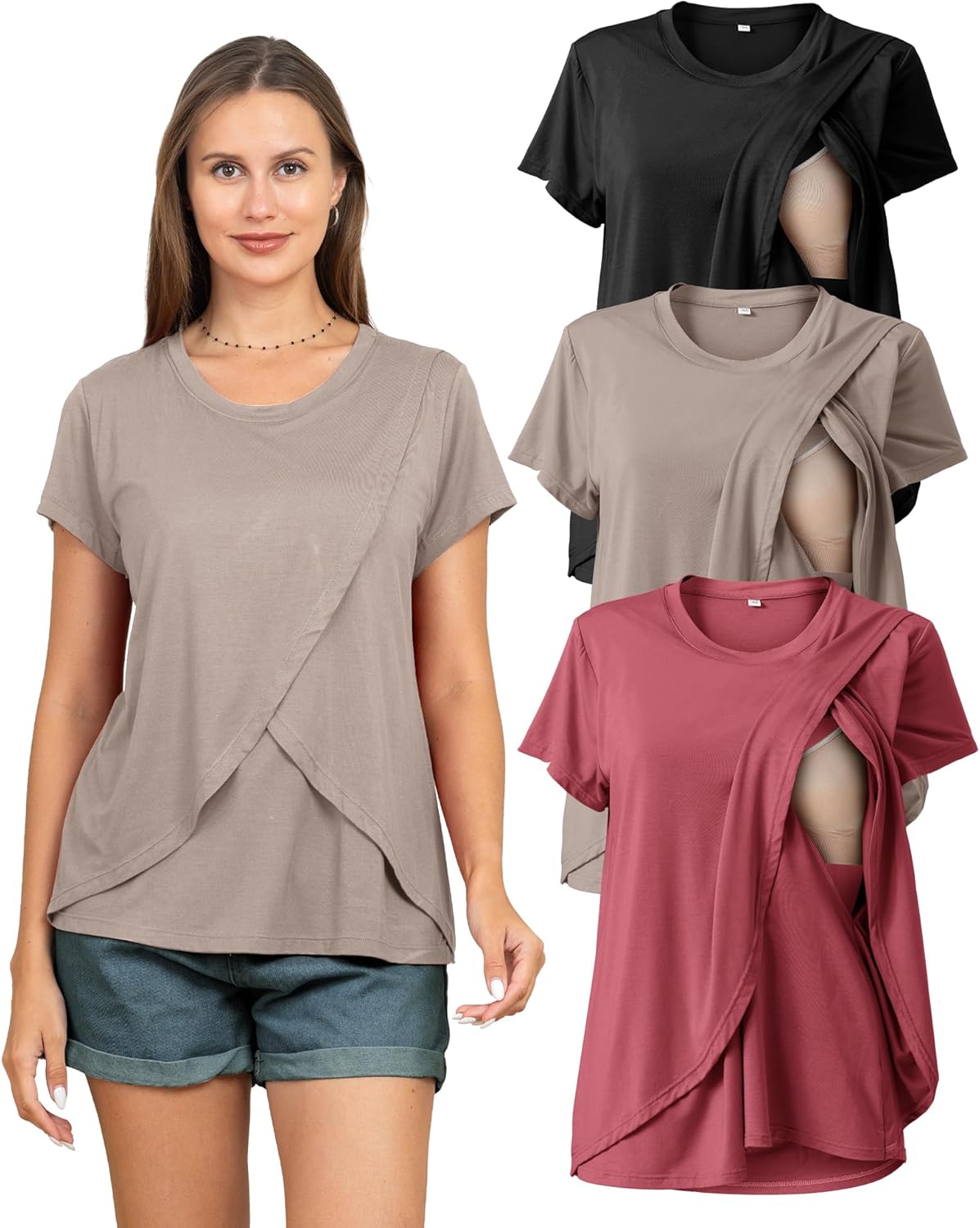 Rnxrbb 3 Pack Women's Nursing Tops for Breastfeeding Summer Short Sleeve T Shirts Postpartum Double Layer Clothes