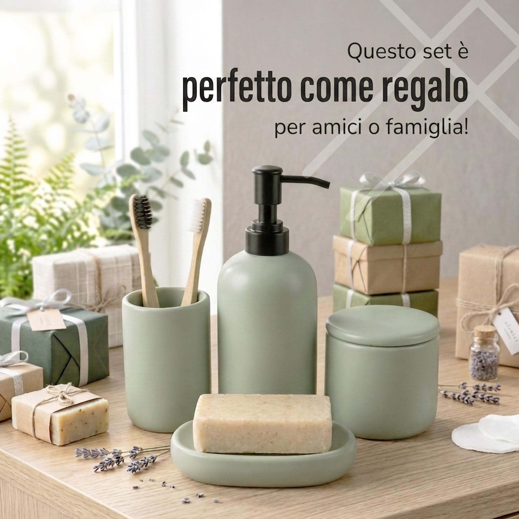 Ava Nord Set di Accessori per il Bagno in Ceramica | 4 Pezzi | Verde | Dispenser di sapone + Portaspazzolino + Porta-sapone + Bicchiere, design scandinavo elegante, resistente ai graffi, durevole