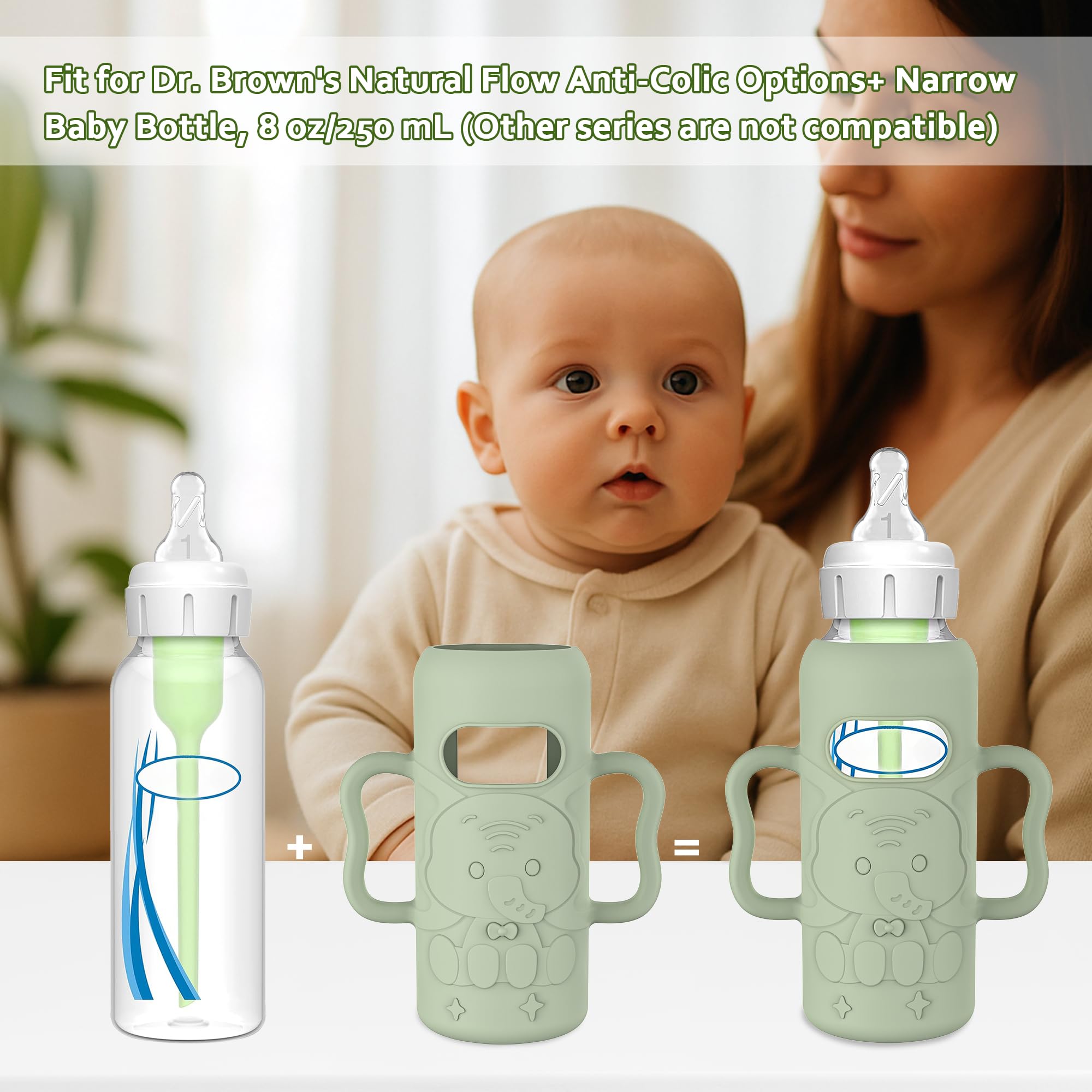 KingKam 4 x Silikonhüllen für Dr. Brown'S Glasflaschen mit Fallschutz, einfacher Griff und Griffen, kompatibel mit Dr. Brown'S 8 oz schmalen Glasflaschen.