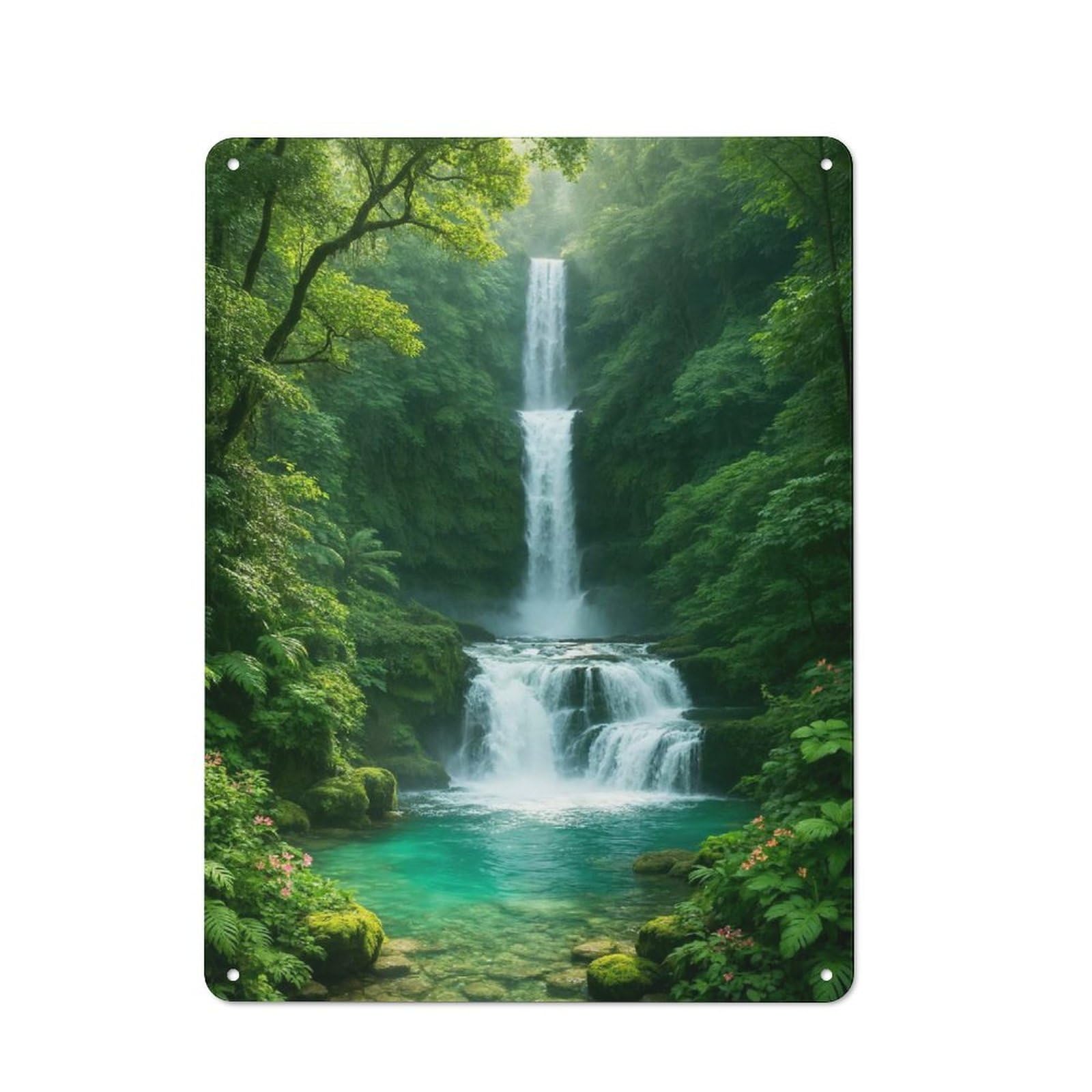 Lush Waterfall in A Green Forest Old Style Metal Wall Decor 40x30cm, Decorative Tin Plaque for Cafe, Pub, Workshop Or Home Bar