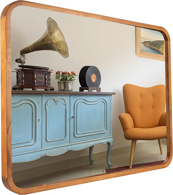JIYUERLTD Rustic Wall Mirror,33"x 25" Rectangular Wooden Framed Mirrors,Decorative Vanity Mirror for Bathroom Entrances Living Room(Brawn)