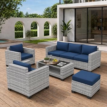 KIGOTY Patio Furniture Set 7 PCS Patio Conversation Sets, All-Weather PE Rattan Outdoor Sectional Sofa with Cushion and 2- Tier Glass Coffee TableGrey White/Dark Blue