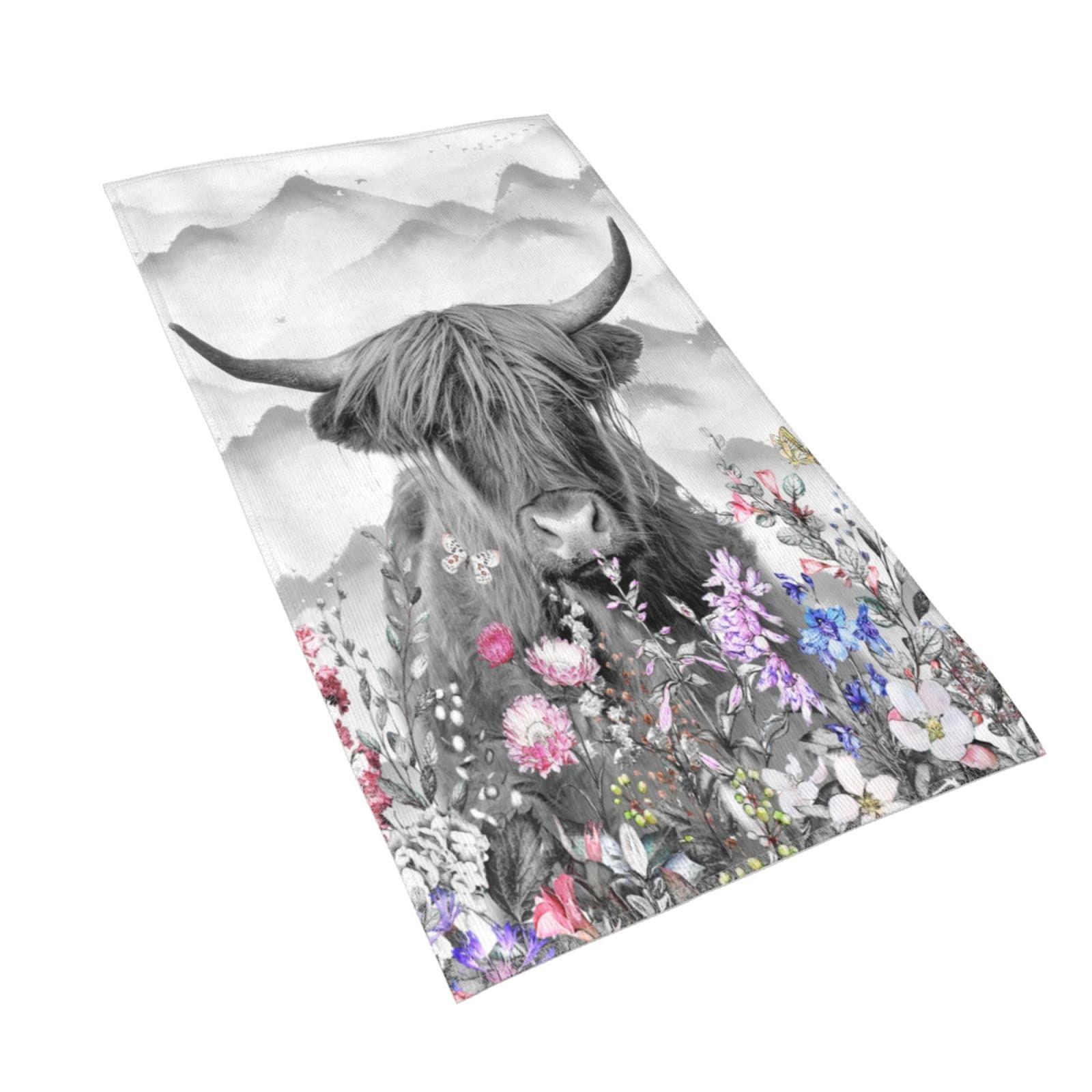 VARUN Long Hand Towels Farmhouse Highland Cow Cattle with Flowers Ultra Soft Towel Mountain Nature Landscape Painting Absorbent Luxury Towels for Bathroom Hotel Gym and Spa 27.5x15.7in