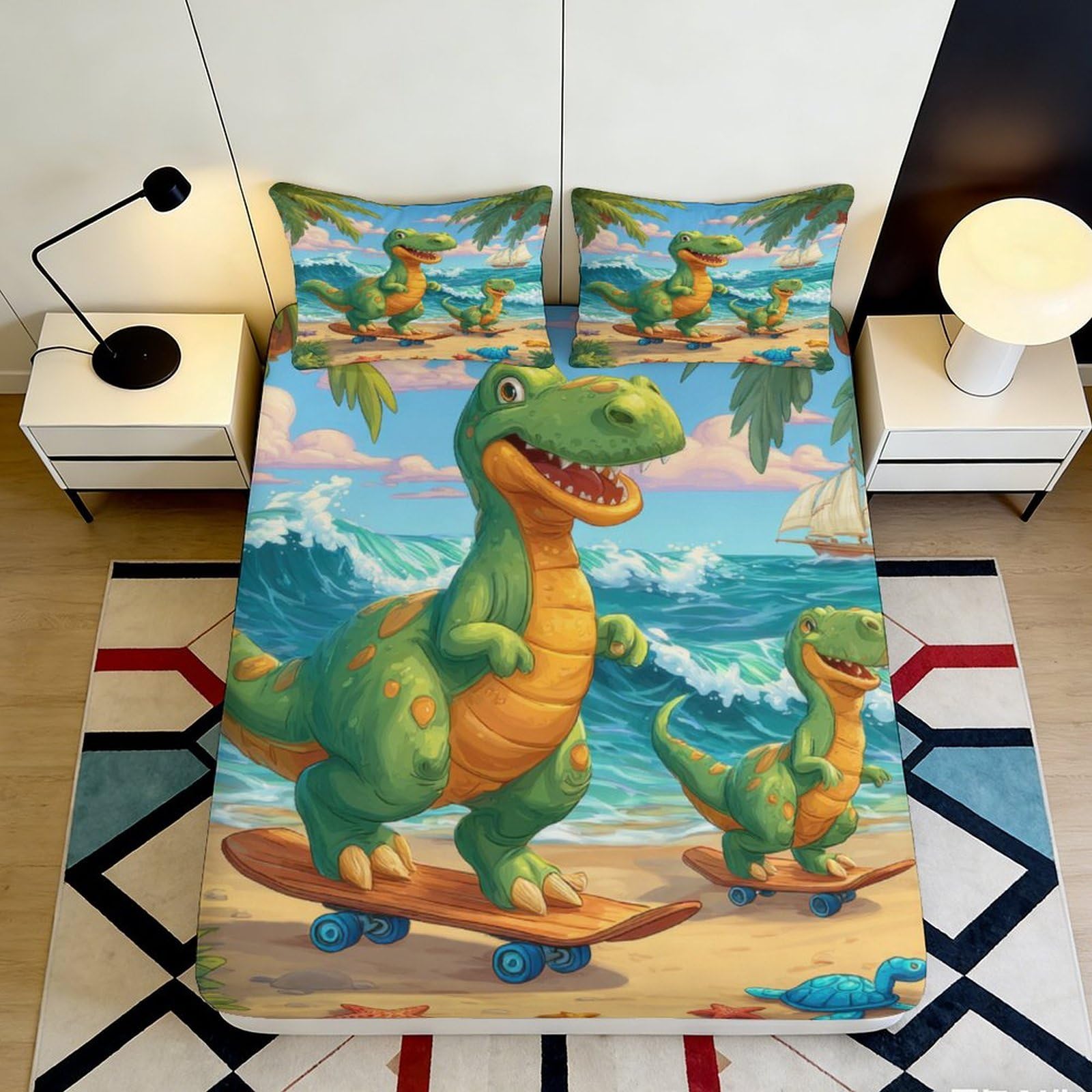 3D Printed Cartoon Dinosaur Beach Fitted Sheet Microfiber Soft Breathable Ocean Skateboard Bed Cover for Bedroom Dorm Room Decor 90x200x25cm
