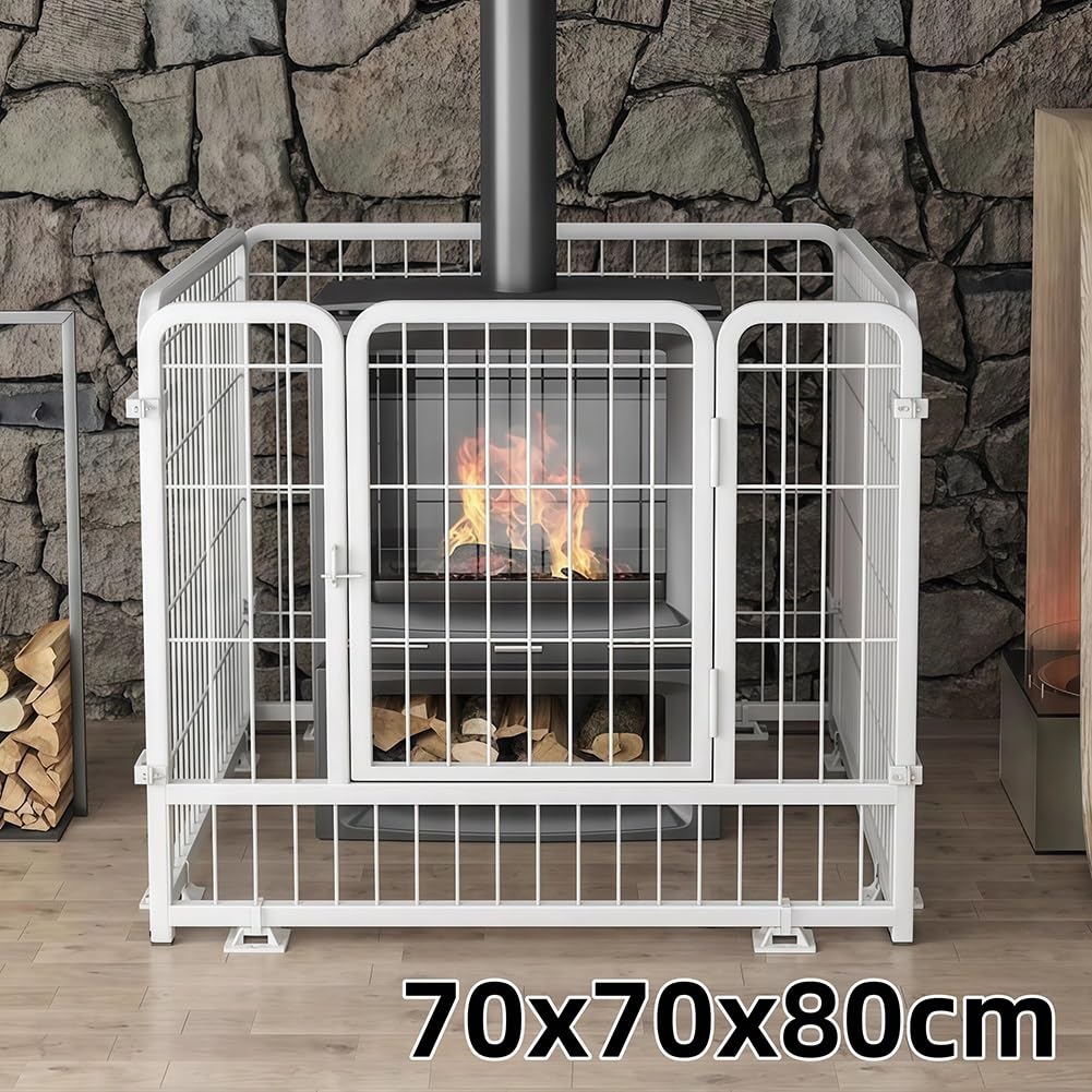 Ogrodzenie ochronne dla zwierząt domowych z drzwiami, drewniana osłona kominka, metalowy plac zabaw dla psów, bariera choinkowa, biała, 70 x 70 x 80 cm