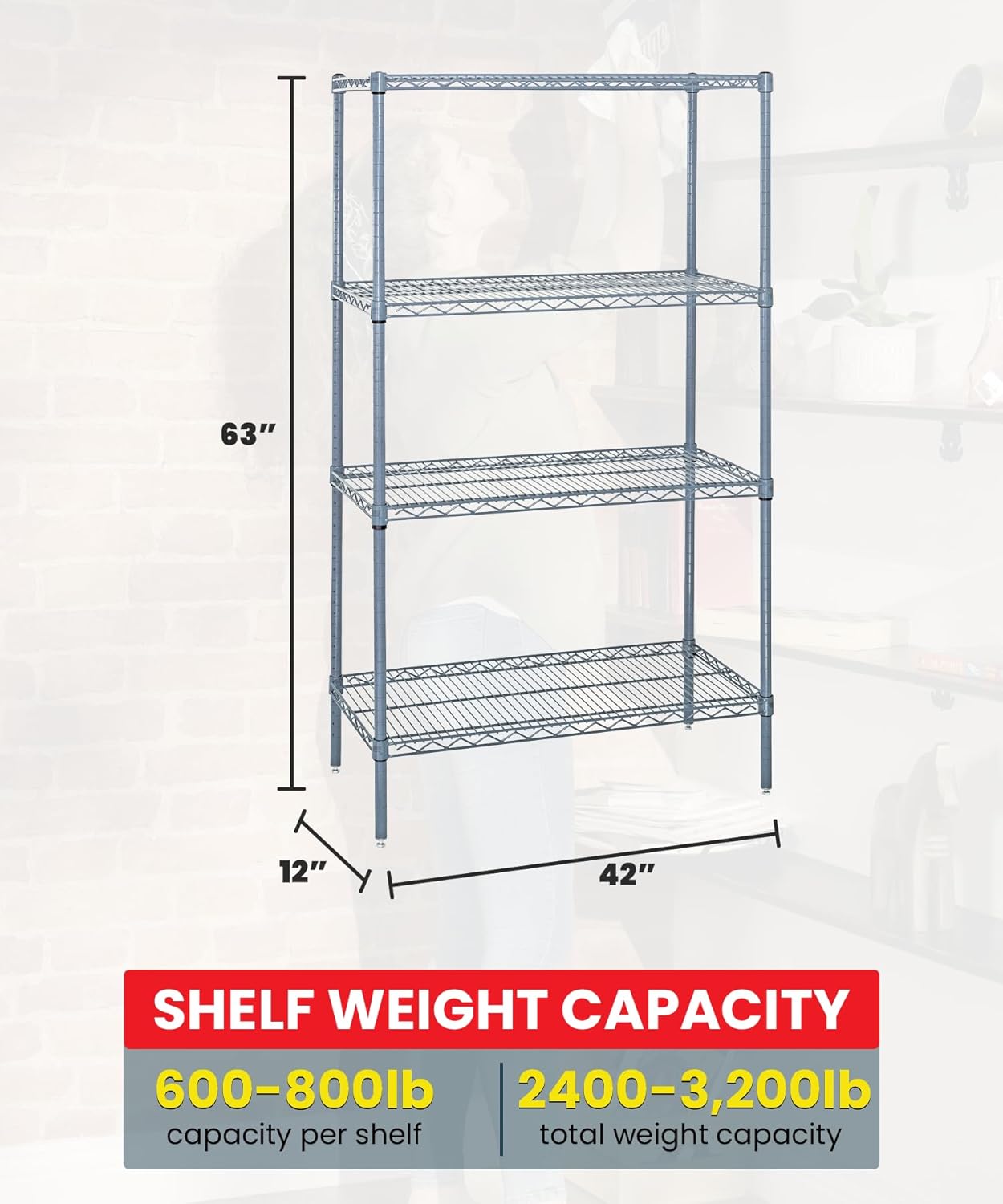 Quantum Storage Systems WR63-1242GY Wire Shelving 4 Shelf Wire Starter Units, 12" x 42" x 63", Gray Epoxy