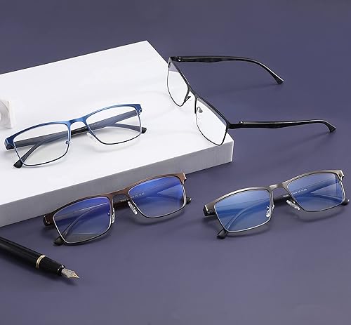 Miniatura 8 de Paquete de 4 lentes de lectura con bloqueo de luz azul para hombres, elegantes lectores de marco de metal con bisagras de resorte cómodas, anteojos