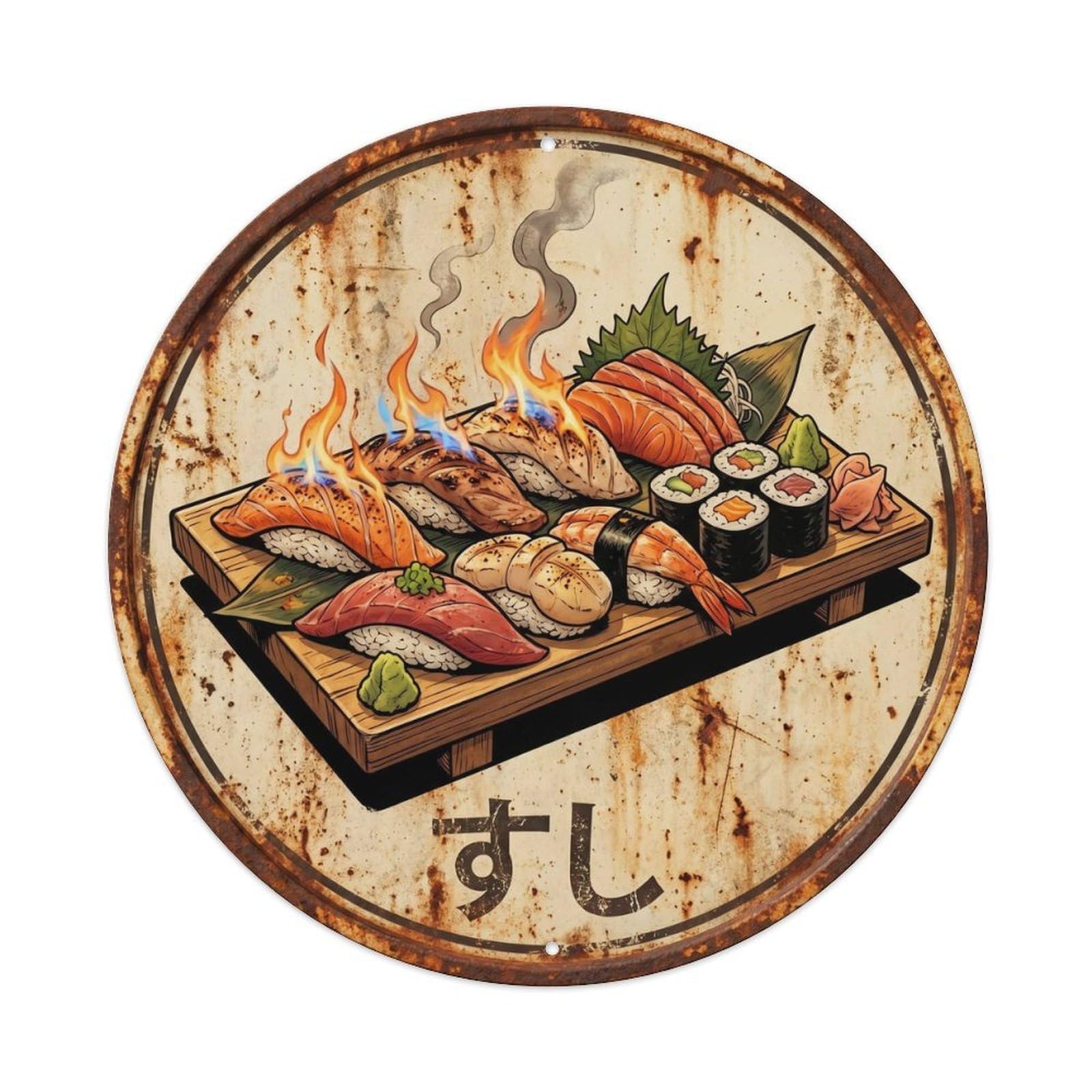 Cxhjca 8X8inch(20X20cm) Japanese Sushi Bar Rustic Vintage Nigiri Maki Seafood Metal Tin Sign