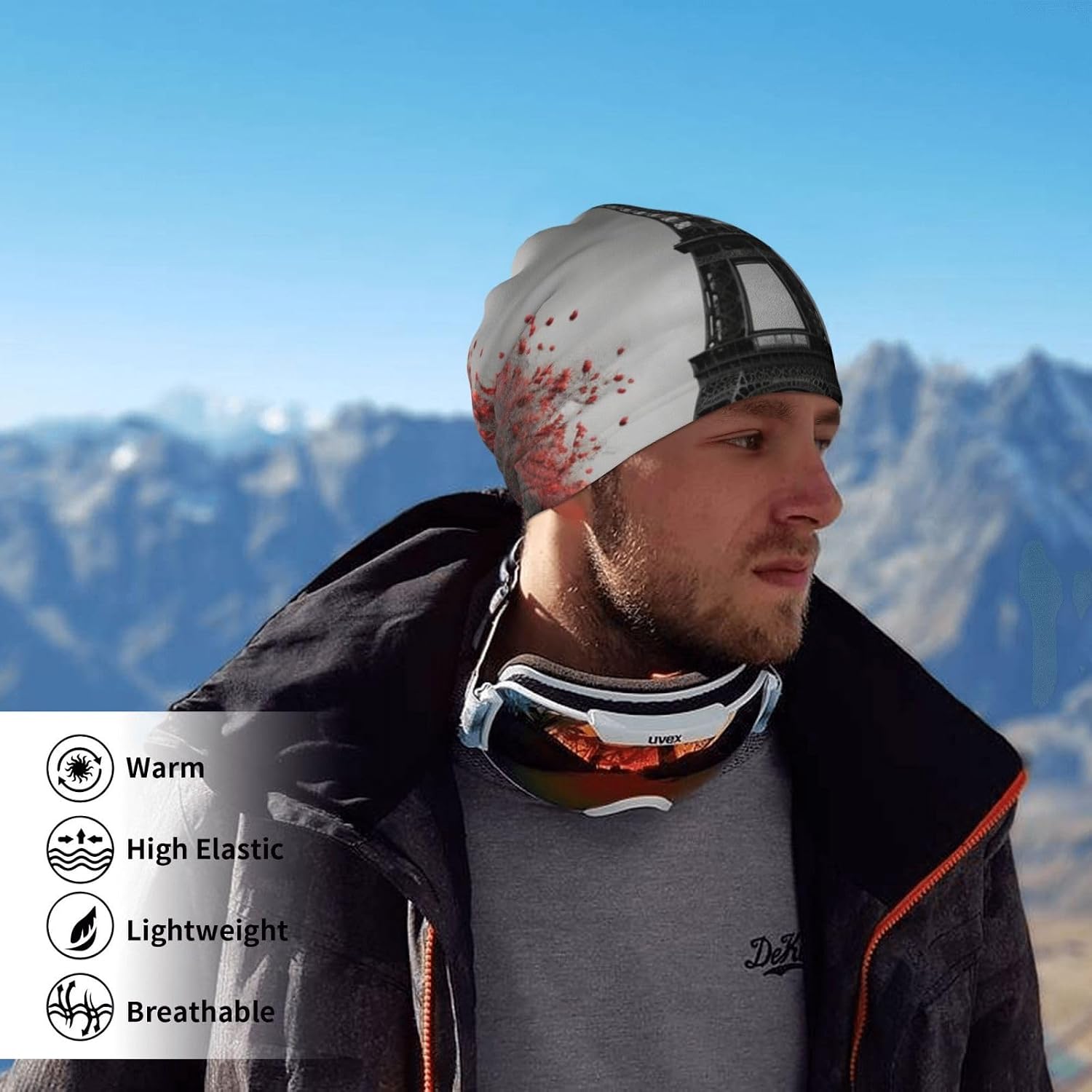 Neck Warmer Winter, Grey Paris Eiffel Tower Print For Cold Weather Winter Face Mask,Thick Warm Neck Gaiter Face Scarf,For Men Women Skiing Cycling - With Rope