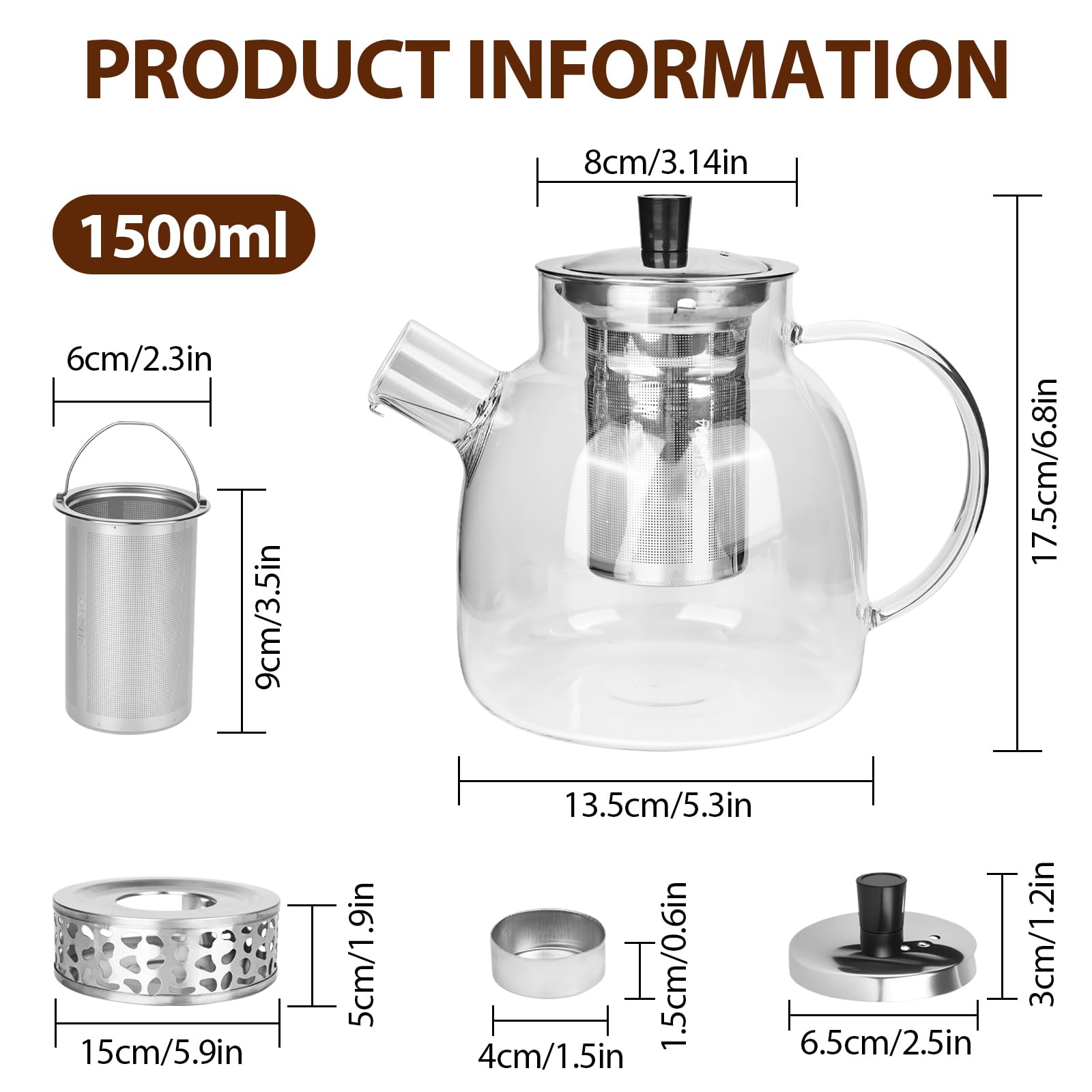 1.5L Teekanne mit Siebeinsatz und Stövchen, BorosilikatglasTeekanne mit Siebeinsatz Teekanne Glas mit Edelstahl Teewärmer für Losen Tee Alle Teesorten Teebeutel