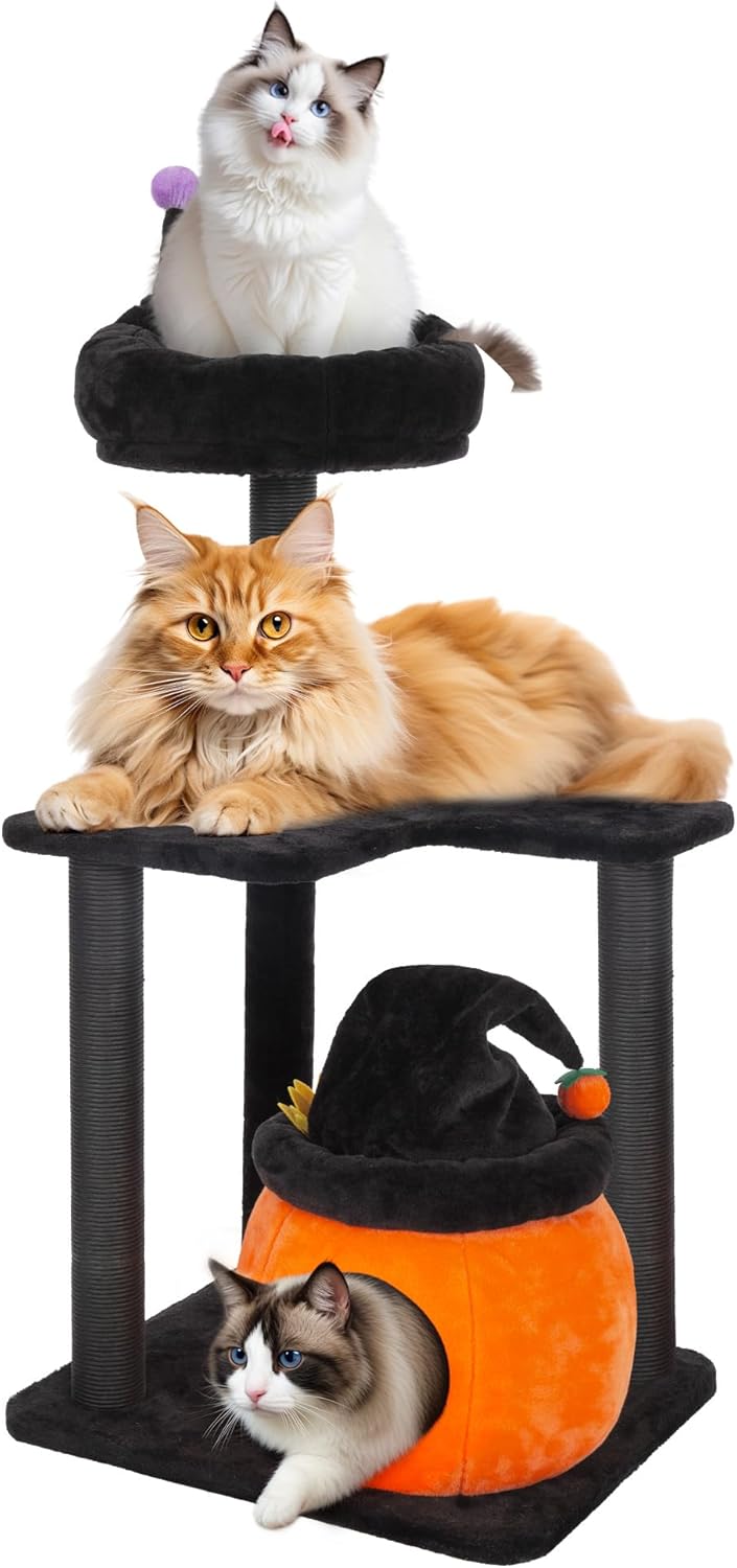 KAMABOKO Gothic Cat Tree, 44.8" Black Cat Tower for Indoor Cats with Large Cat Condo, Cat Scratching Post, for Small-Medium Cats