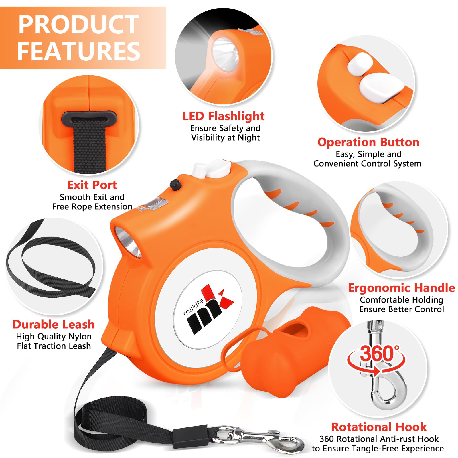 Guinzaglio retrattile per cani di piccola taglia fino a 25 kg, guinzaglio resistente da 5 m, con luce a LED e 15 sacchetti per escrementi per cani con dispenser, arancione
