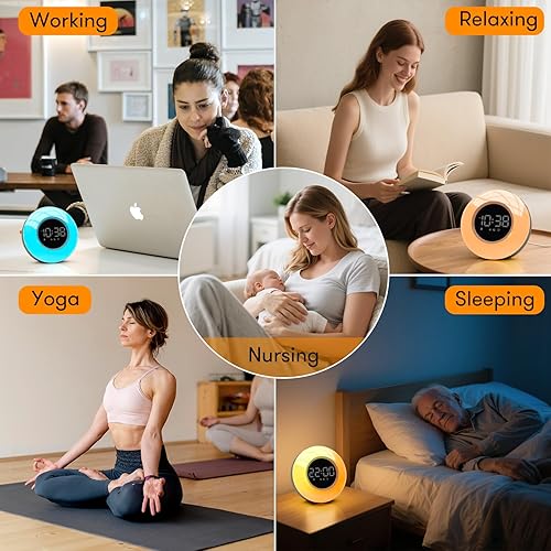 Miniatura 7 de Máquina de sonido de ruido blanco con 30 sonidos relajantes y luz de 12 colores, reloj despertador de amanecer luz de despertar, volumen ajustable y