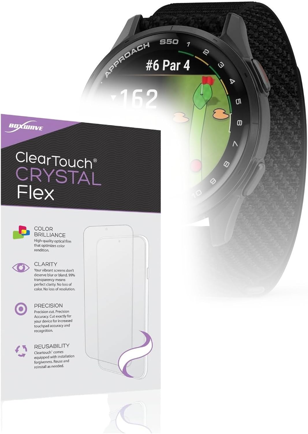 BoxWave Screen Protector Compatible With Garmin Approach S50 Advanced Golf GPS Smartwatch (1.2 in) - ClearTouch Crystal Flex (2-Pack), Crystal Clear Film Skin Curve Coverage