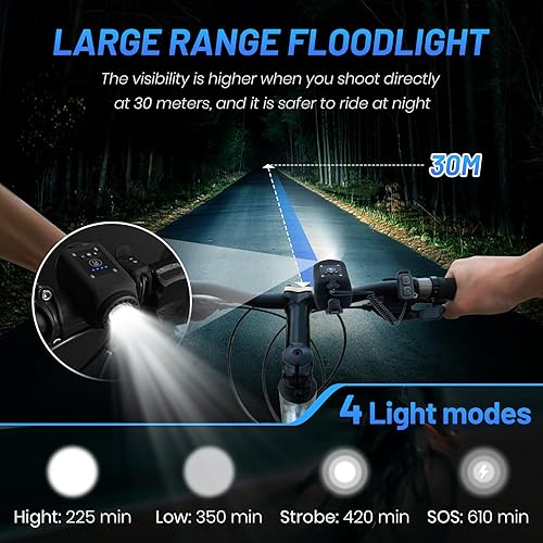 Miniatura 2 de Bocina de bicicleta con luz, 110 dB, bocina eléctrica para bicicleta, 6 sonidos y 4 modos de luz, volumen de brillo ajustable, recargable por USB,