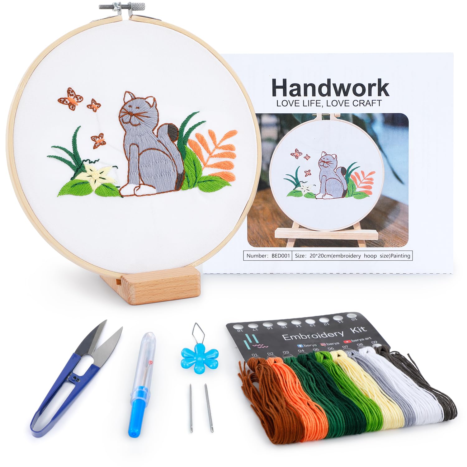 Embroidery Kit for Adult Beginners, Cat Embroidery Kit with Step-by-Step Instructions and Video, Printed Cloth, 7.87" Hoop, Display Stand, Color Threads, Threader & Needles for Craft Lover(BED001)