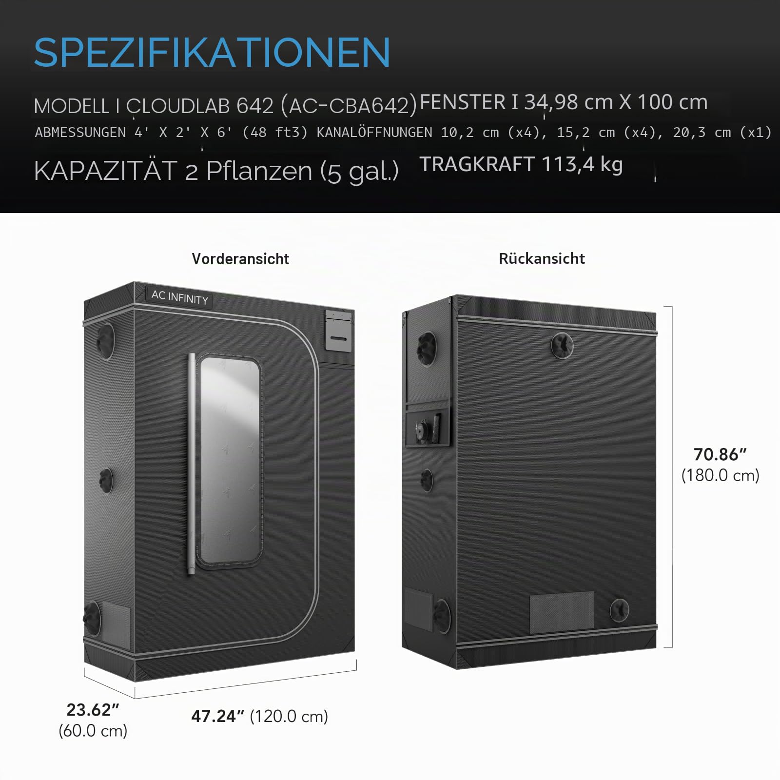 AC Infinity CLOUDLAB 642, Advanced Grow Zelt 120 × 60 × 180 cm, 25 mm Mylar-Canvas, 25 mm Stahlstangen, laborgetestet höchste Reflexion, großes Sichtfenster, Montageplatte für Controller, Indoor Grow