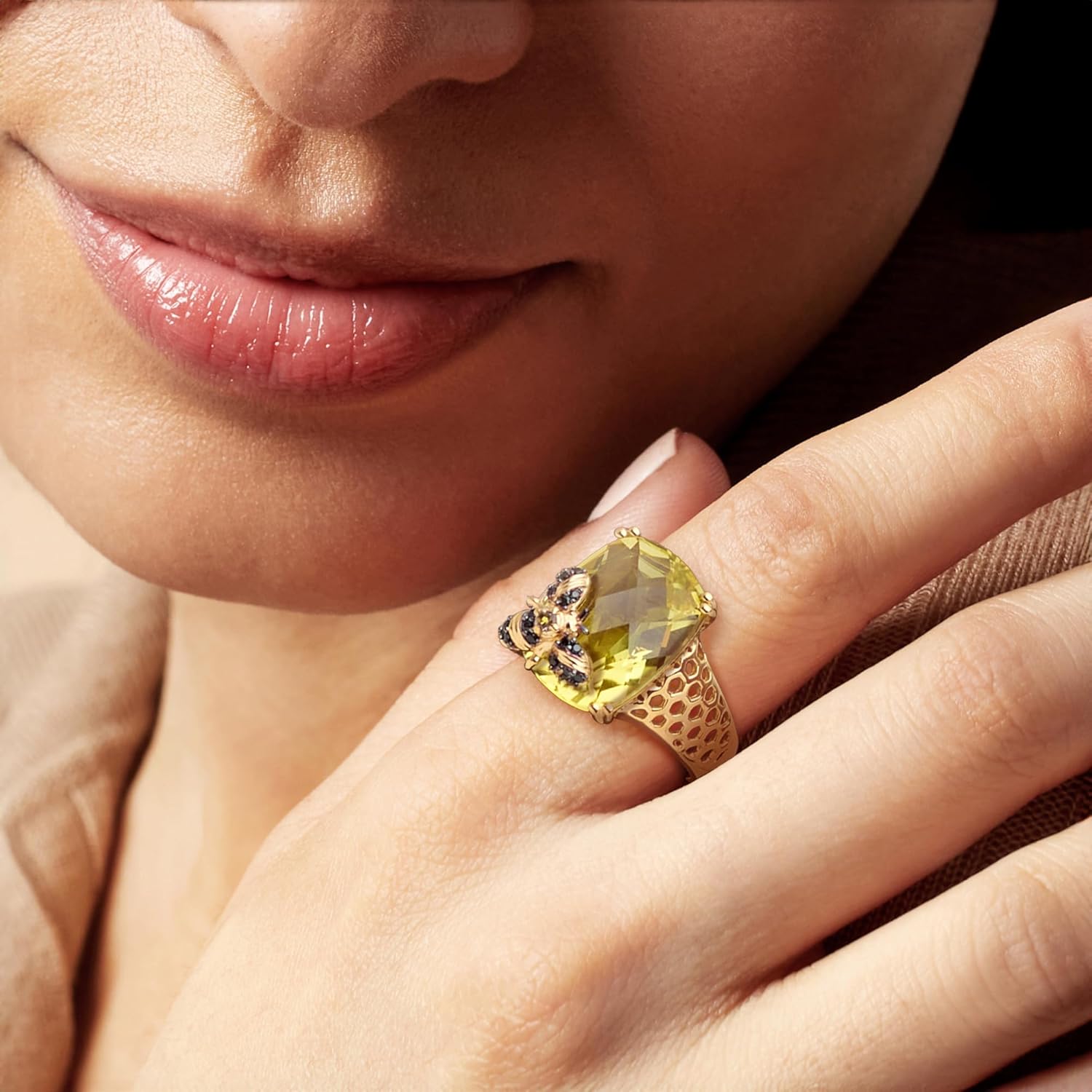 Ross-Simons 8.75 Carat Lemon Quartz Bumblebee Ring With Smoky Quartz and Black Spinels in 18kt Gold Over Sterling